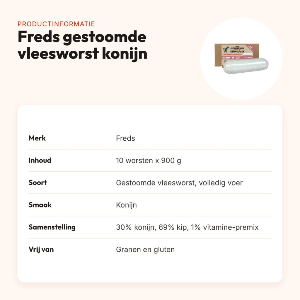 Freds gestoomde vleesworst konijn 10 x 900 g – kennelpack, graanvrij – productinformatie