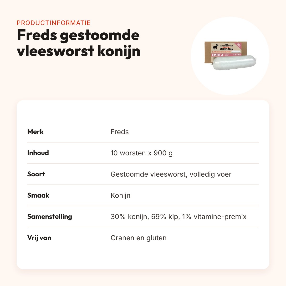 Freds gestoomde vleesworst konijn 10 x 900 g – kennelpack, graanvrij – productinformatie