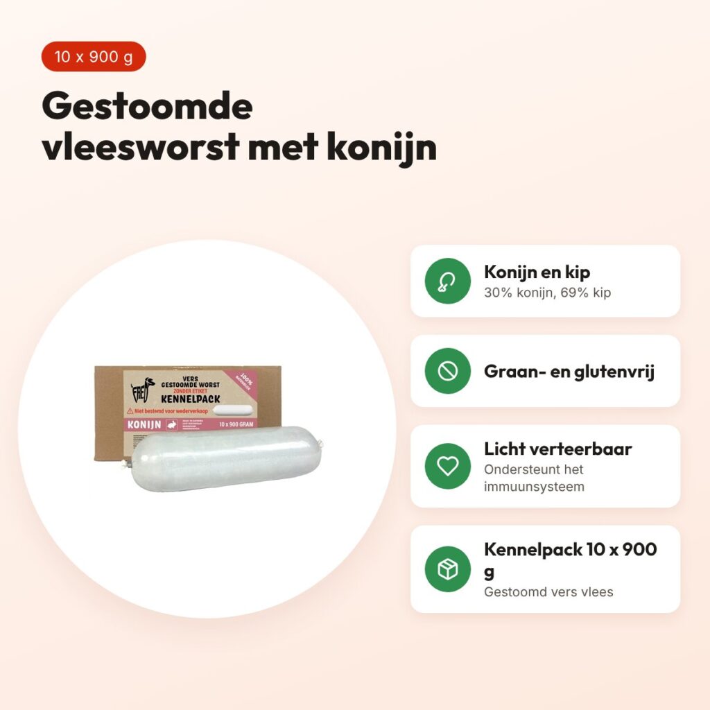 Freds gestoomde vleesworst konijn 10 x 900 g – kennelpack, graanvrij – voordelen