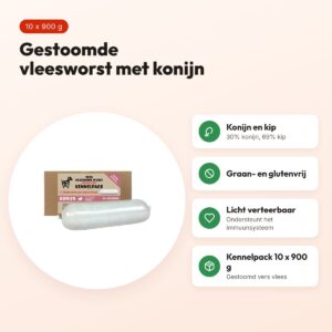 Freds gestoomde vleesworst konijn 10 x 900 g – kennelpack, graanvrij – voordelen