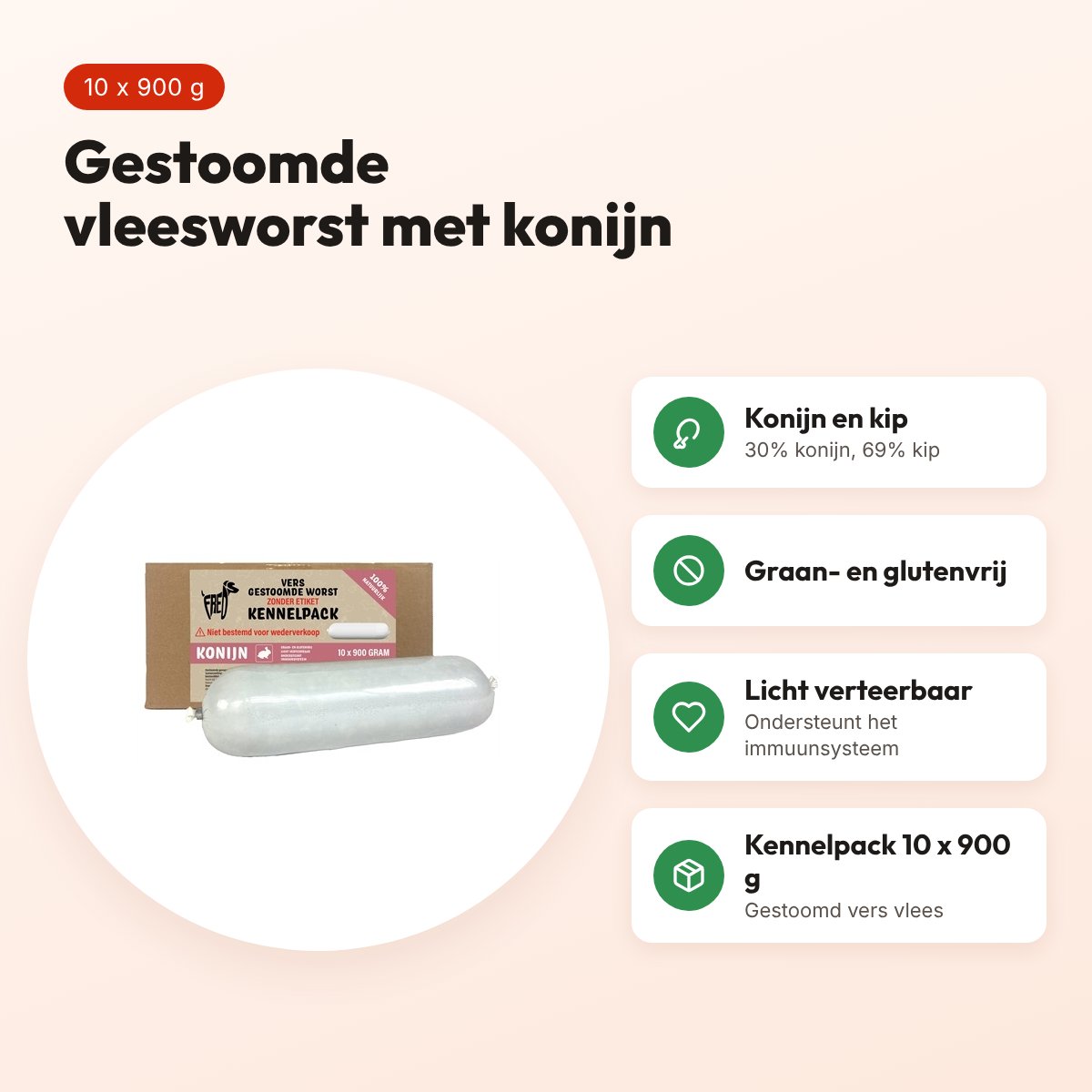Freds gestoomde vleesworst konijn 10 x 900 g – kennelpack, graanvrij – voordelen