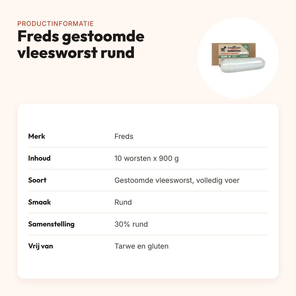Freds gestoomde vleesworst rund 10 x 900 g – kennelpack, glutenvrij – productinformatie