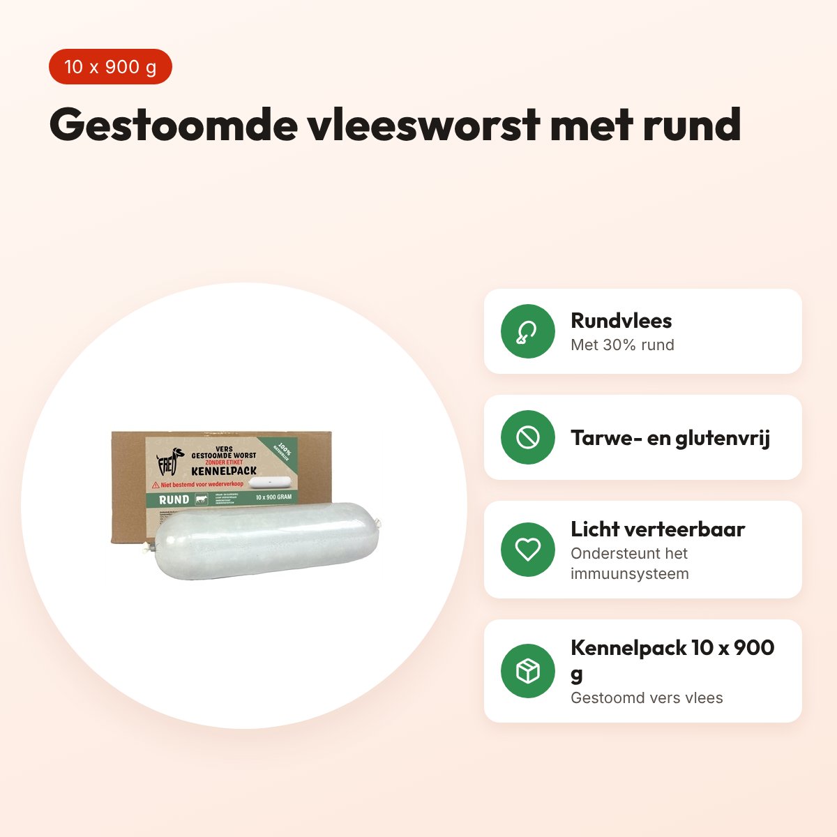 Freds gestoomde vleesworst rund 10 x 900 g – kennelpack, glutenvrij – voordelen