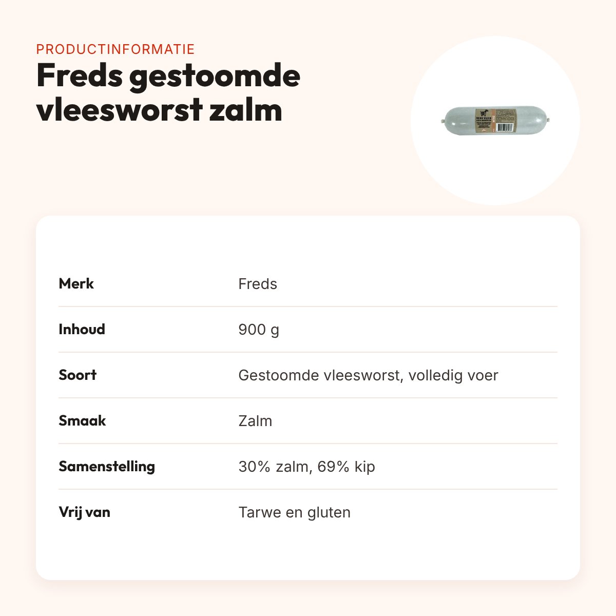Freds gestoomde vleesworst zalm 900 g – tarwe- en glutenvrij – productinformatie