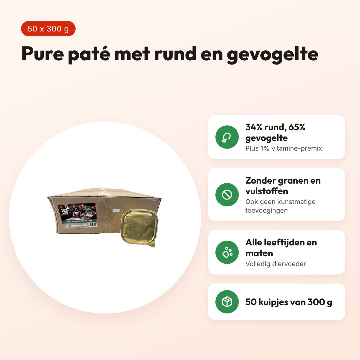 Freds hondenpaté rund en gevogelte 50 x 300 g – 99% vlees – voordelen
