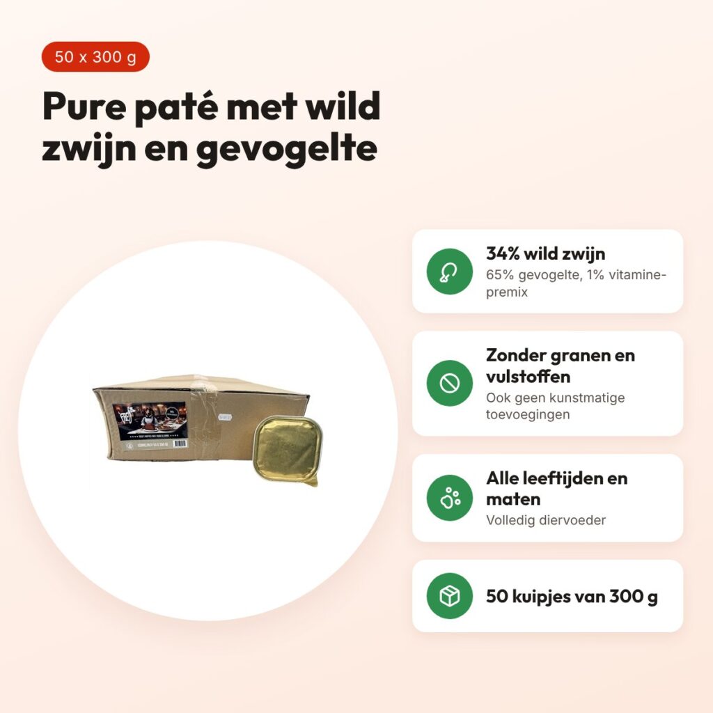 Freds hondenpaté wild zwijn en gevogelte 50 x 300 g – 99% vlees – voordelen