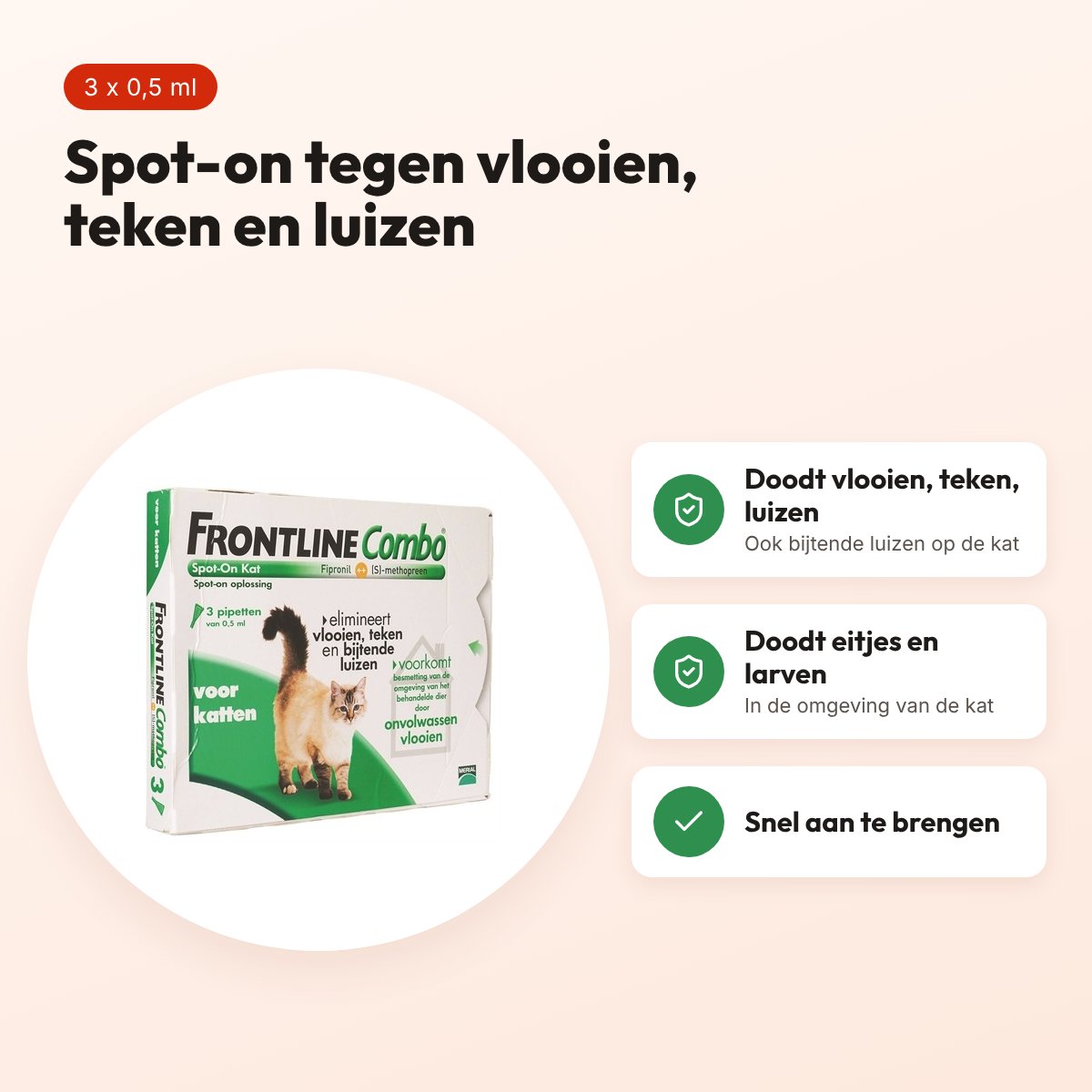 Frontline Combo kat spot-on 3 pipetten van 0,5 ml – vlooien en teken – voordelen