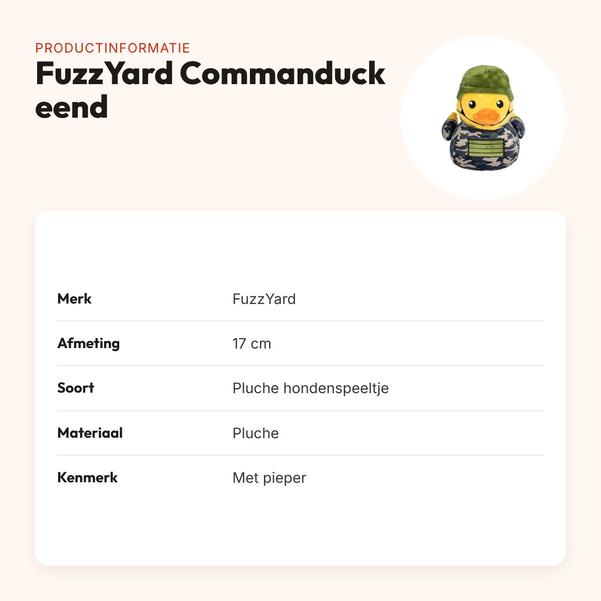 FuzzYard Commanduck eend 17 cm – pluche hondenspeeltje met pieper – productinformatie