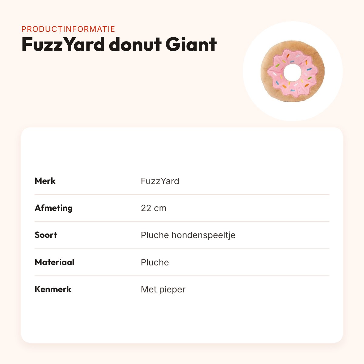 FuzzYard donut Giant 22 cm – pluche hondenspeeltje met pieper – productinformatie