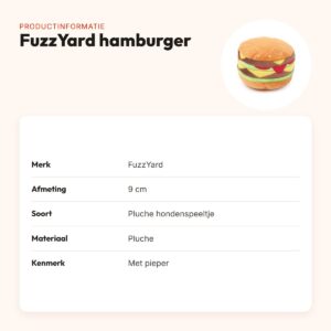 FuzzYard hamburger 9 cm – pluche hondenspeeltje met pieper – productinformatie