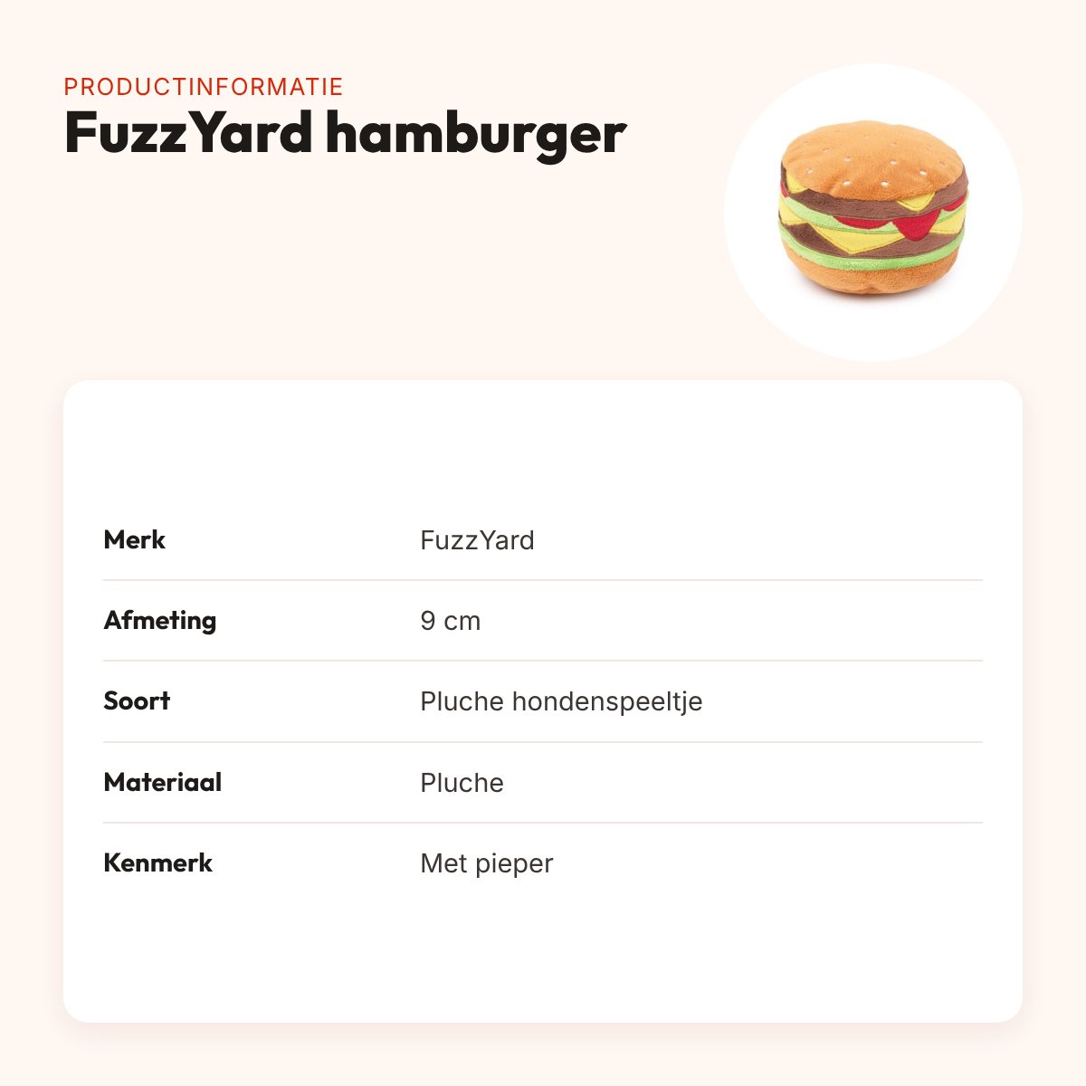 FuzzYard hamburger 9 cm – pluche hondenspeeltje met pieper – productinformatie