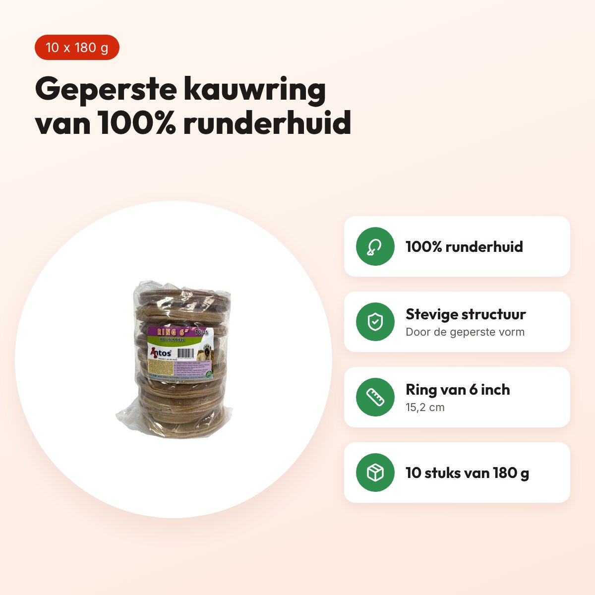 Geperste ring hondenkauwsnack 6 inch (15,2 cm) – runderhuid, 10 stuks – voordelen