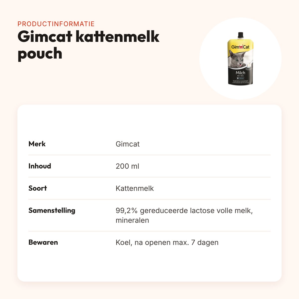 Gimcat kattenmelk 200 ml – pouch, calciumrijk – productinformatie