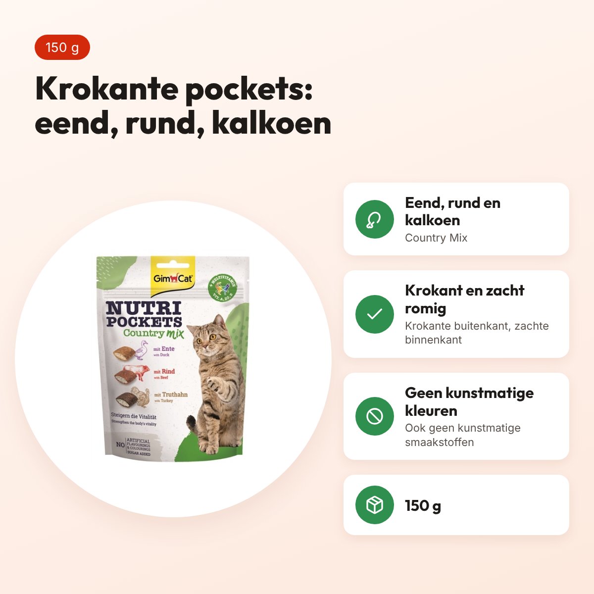 GimCat Nutri Pockets Country Mix kattensnack 150 g – eend, rund, kalkoen – voordelen