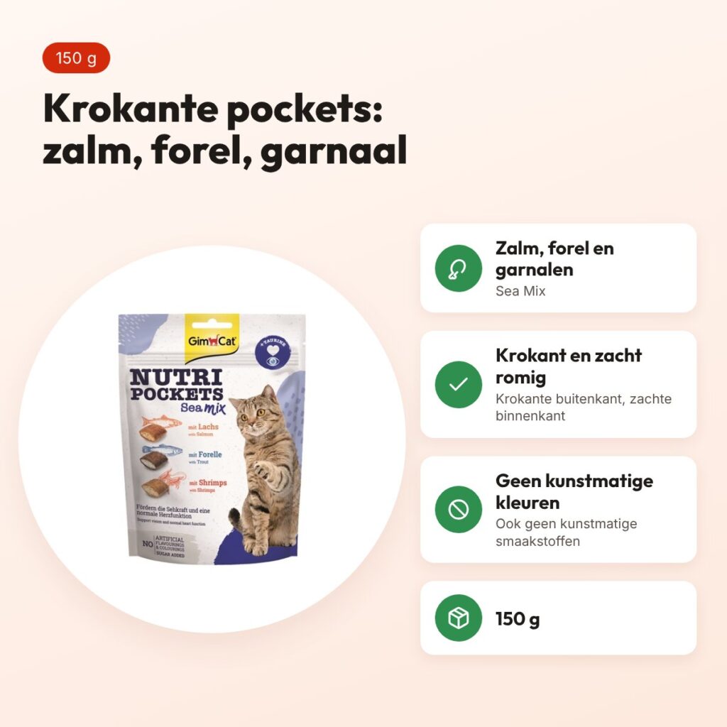 GimCat Nutri Pockets Sea Mix kattensnack 150 g – zalm, forel, garnaal – voordelen