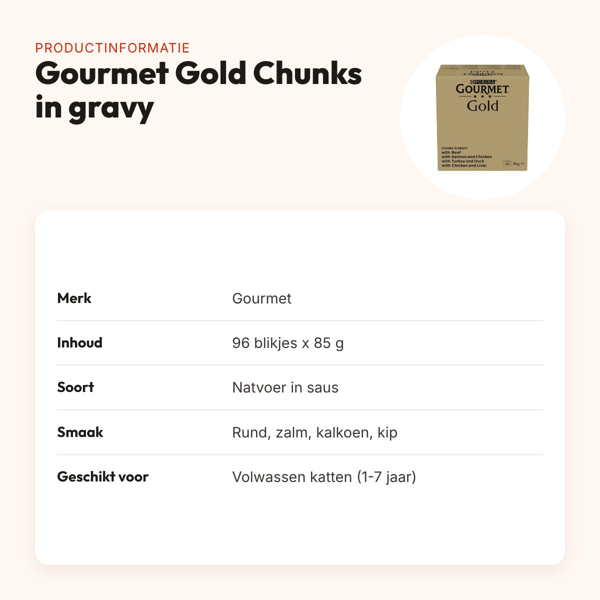 Gourmet Gold kattenvoer Chunks in gravy 96 x 85 g – 4 smaken – productinformatie