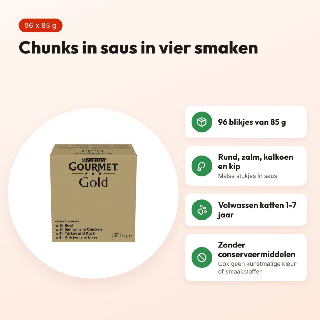 Gourmet Gold kattenvoer Chunks in gravy 96 x 85 g – 4 smaken – voordelen