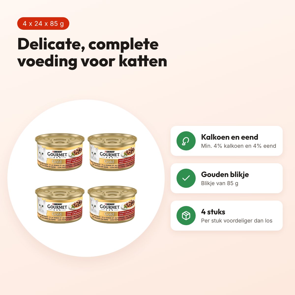 Gourmet Gold kattenvoer kalkoen en eend 24 x 85 g – multipack 4 stuks – voordelen