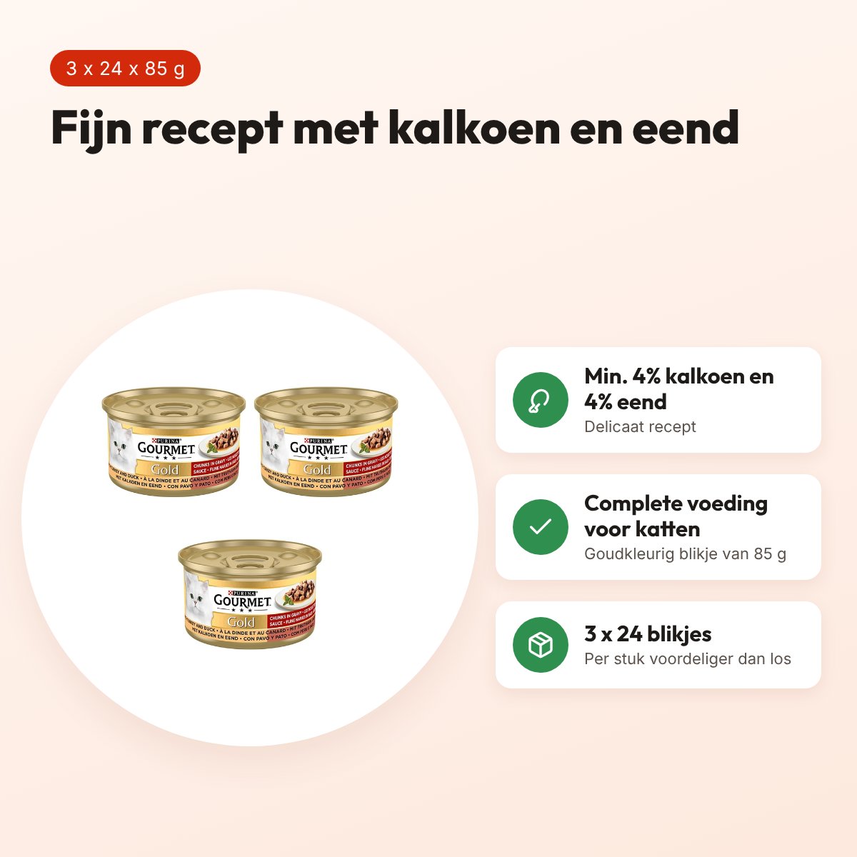 Gourmet Gold kattenvoer kalkoen en eend 85 g – multipack 3 x 24 stuks – voordelen