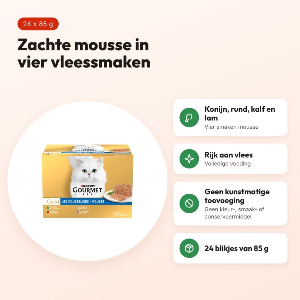 Gourmet Gold kattenvoer mousse mix konijn, rund, kalf, lam 24 x 85 g – voordelen