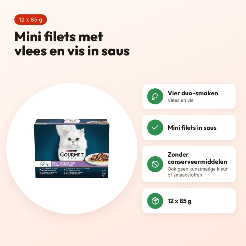 Gourmet Perle Duo vlees en vis mini filets in saus 12 x 85 g – voordelen