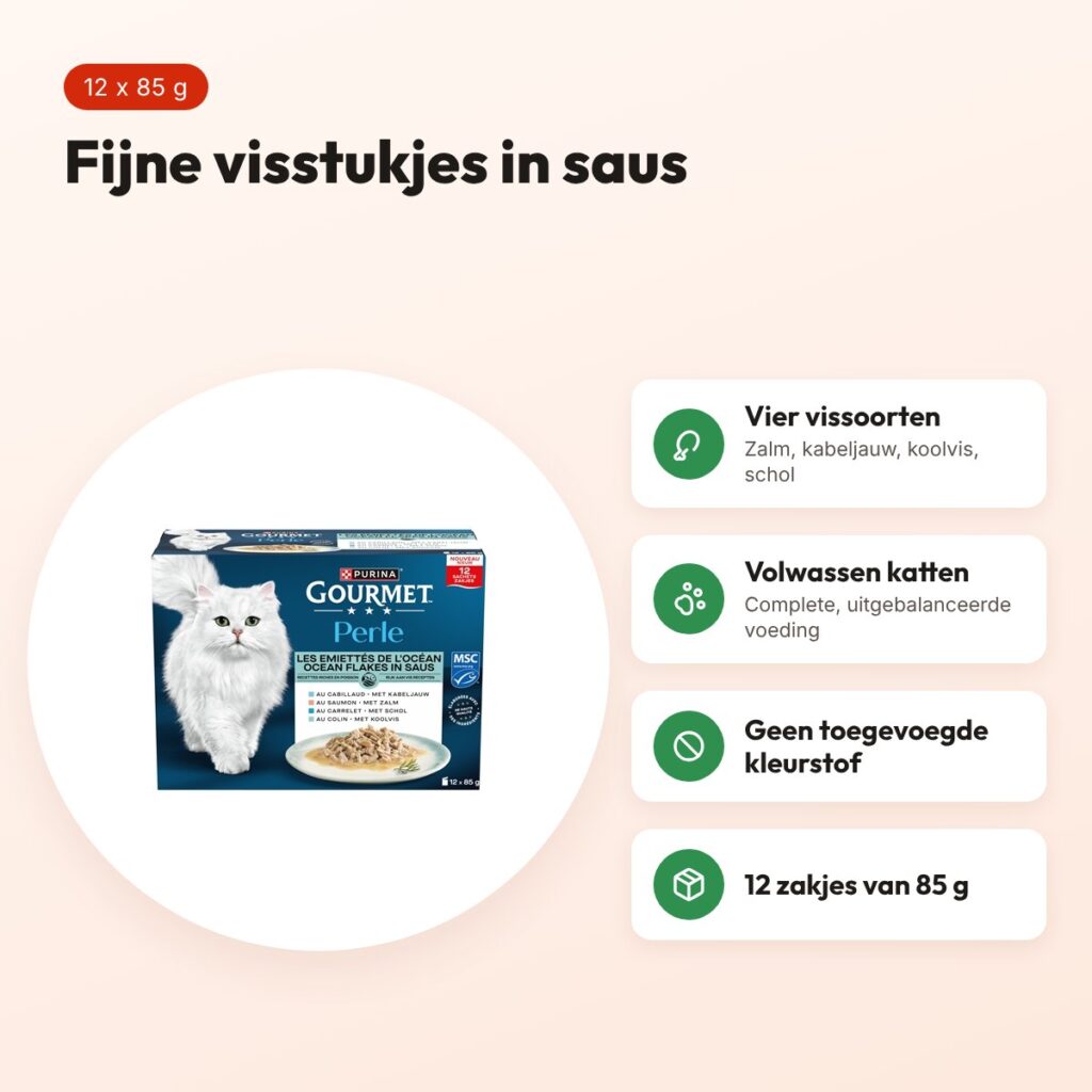 Gourmet Perle kattenvoer Ocean Flakes in saus vismix 12 x 85 g – voordelen