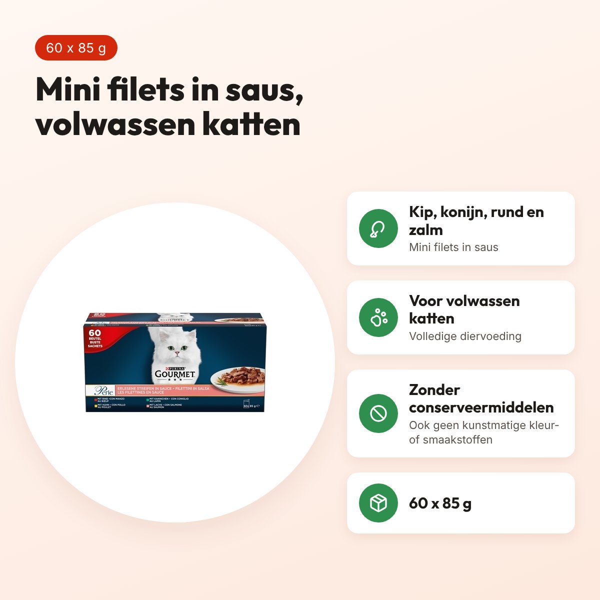 Gourmet Perle mini filets in saus 60 x 85 g – kip, konijn, rund, zalm – voordelen