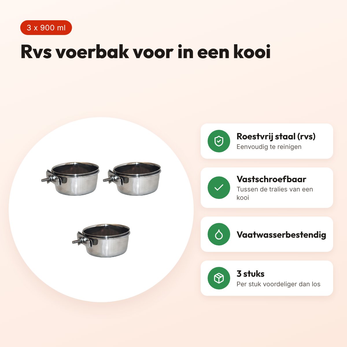 Happy Pet Bolt On rvs voerbak vastschroefbaar 900 ml – multipack 3 stuks – voordelen