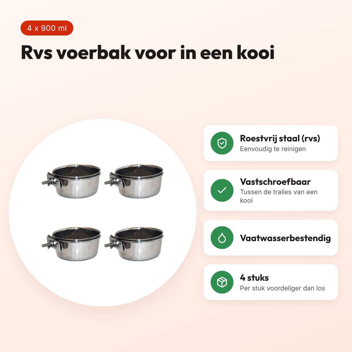 Happy Pet Bolt On rvs voerbak vastschroefbaar 900 ml – multipack 4 stuks – voordelen