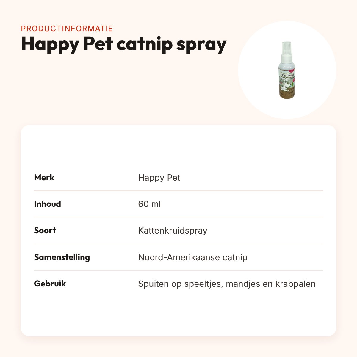 Happy Pet catnip spray 60 ml – Noord-Amerikaans kattenkruid – productinformatie