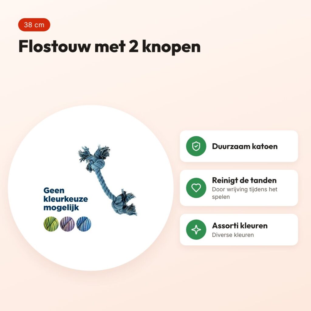Happy Pet Flossin Fun 2 knoop flostouw M 38 cm – assorti kleuren – voordelen