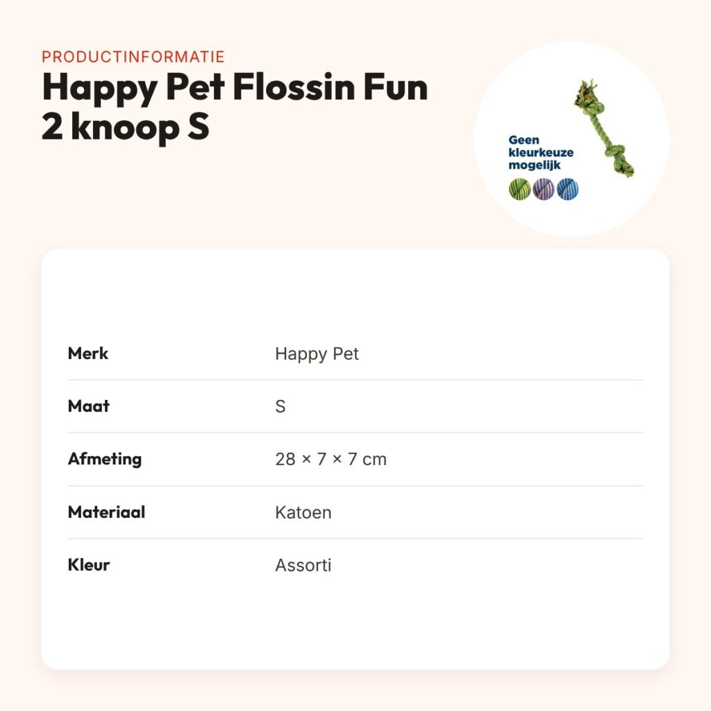 Happy Pet Flossin Fun 2 knoop flostouw S 28 cm – assorti kleuren – productinformatie