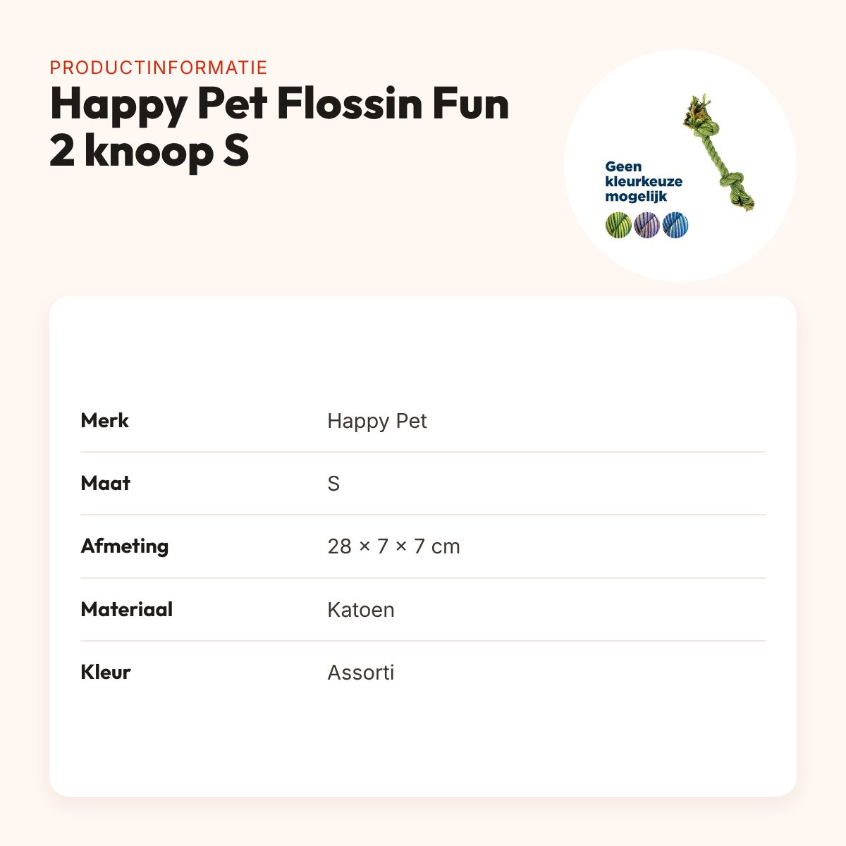 Happy Pet Flossin Fun 2 knoop flostouw S 28 cm – assorti kleuren – productinformatie