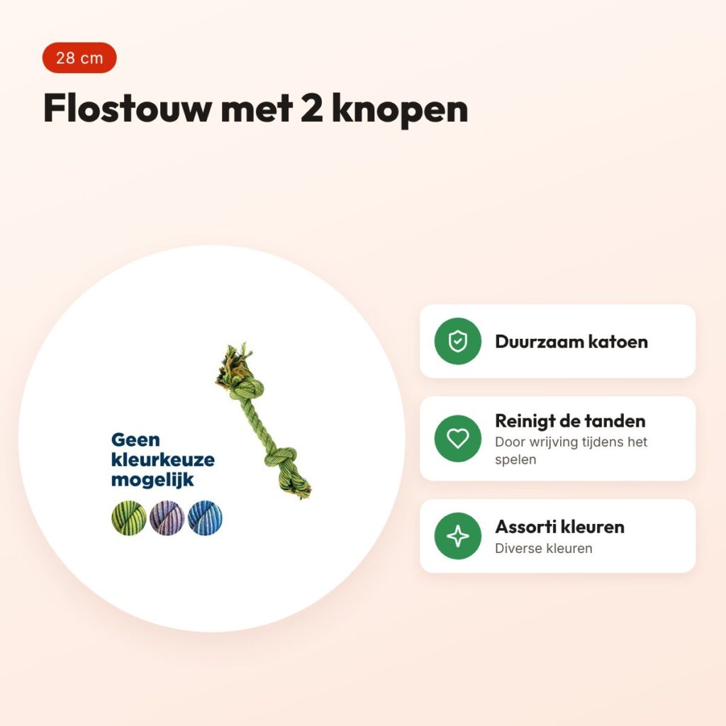 Happy Pet Flossin Fun 2 knoop flostouw S 28 cm – assorti kleuren – voordelen