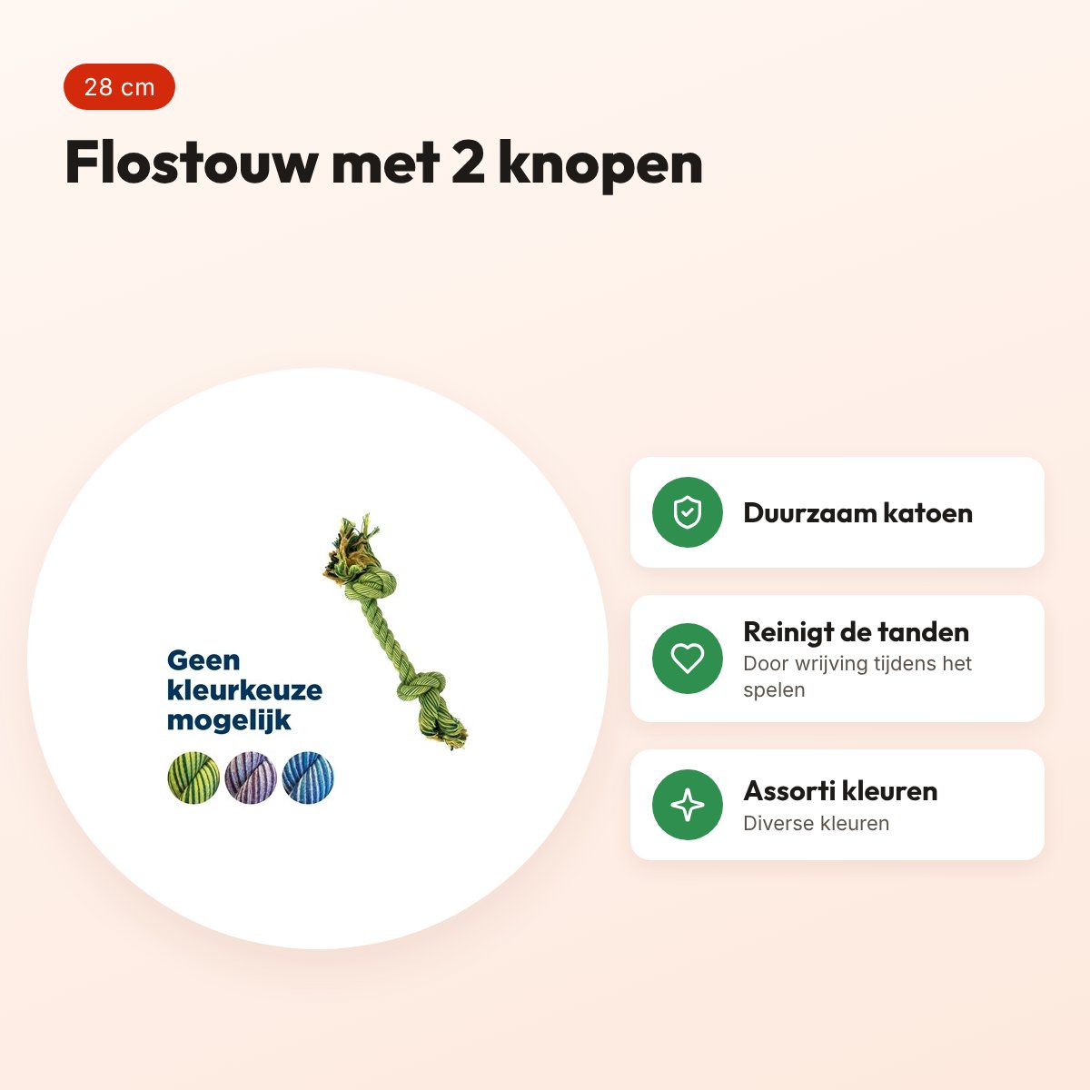 Happy Pet Flossin Fun 2 knoop flostouw S 28 cm – assorti kleuren – voordelen