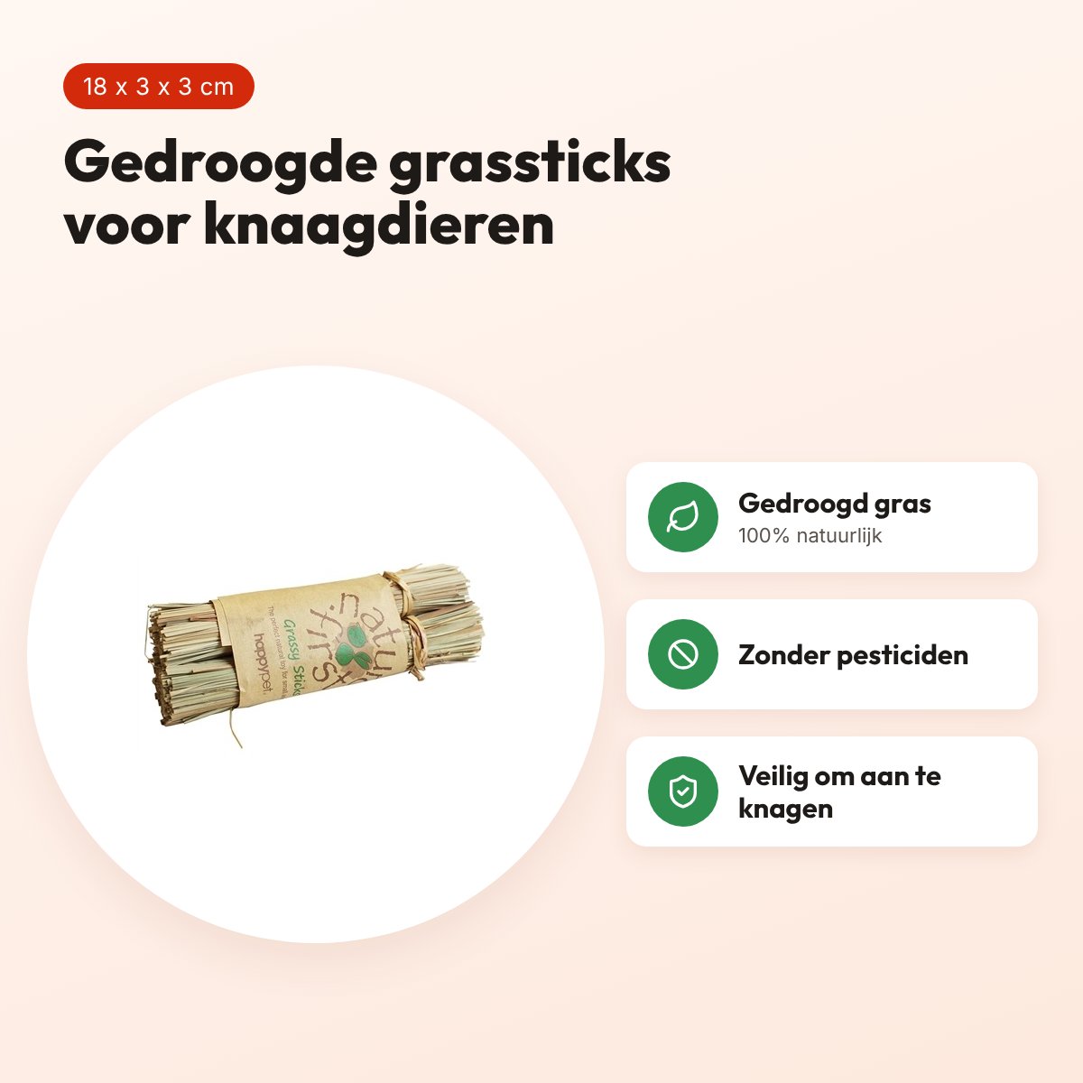 Happy Pet Grassy Sticks 18 x 3 x 3 cm – gedroogd gras voor knaagdieren – voordelen