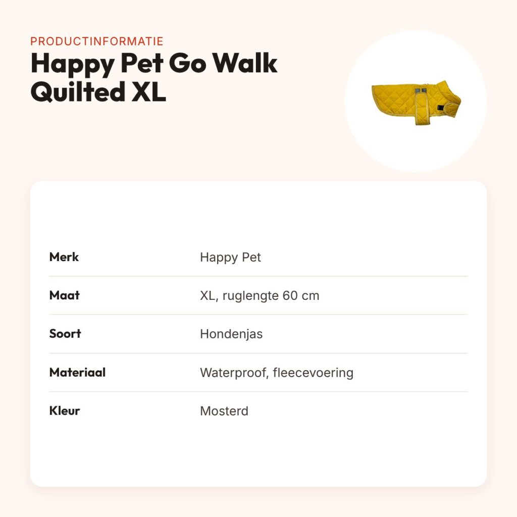 Happy Pet hondenjas Go Walk Quilted Classic mosterd XL 60 cm – productinformatie