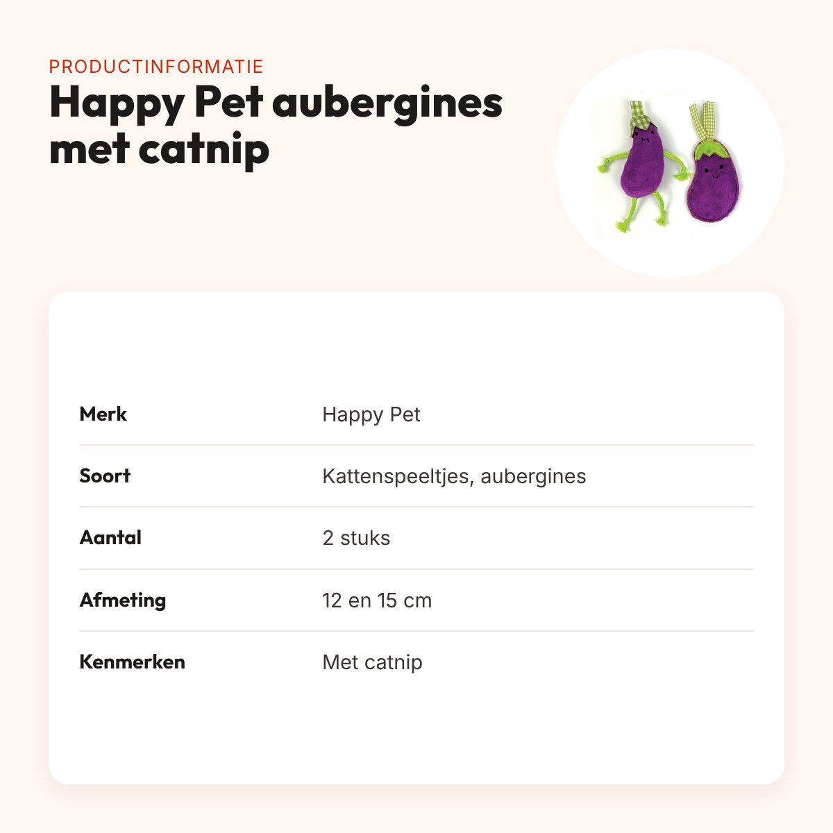 Happy Pet kattenspeeltjes aubergine met catnip 12 en 15 cm – set van 2 – productinformatie