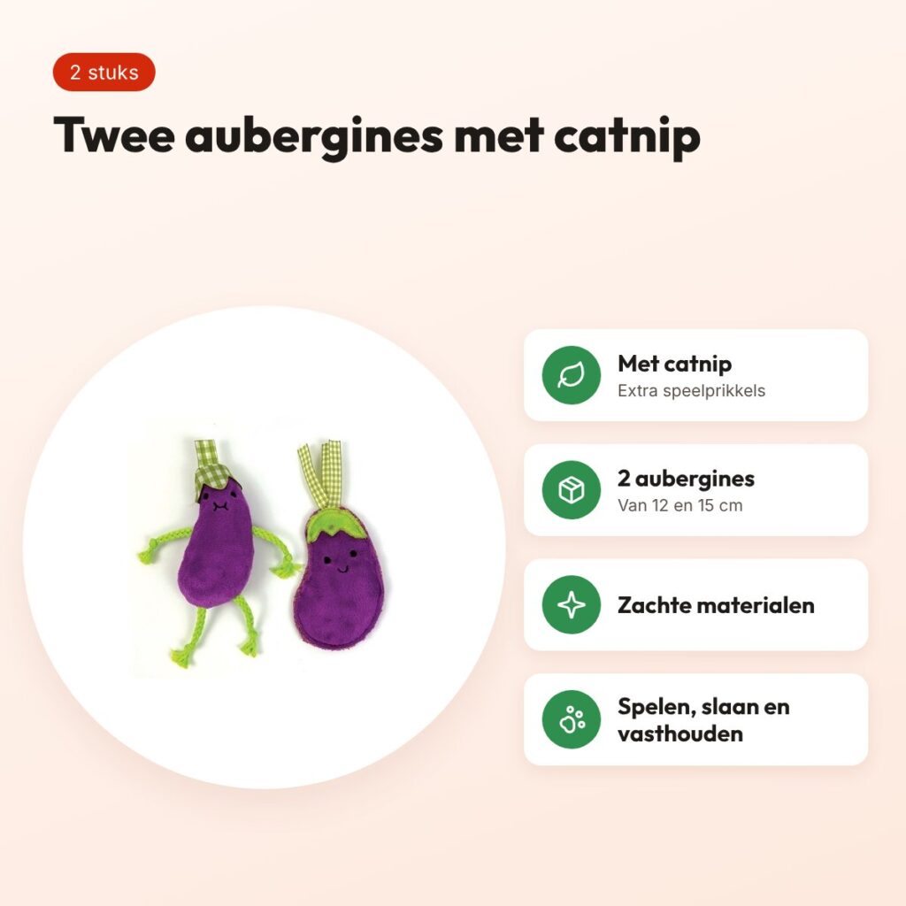 Happy Pet kattenspeeltjes aubergine met catnip 12 en 15 cm – set van 2 – voordelen
