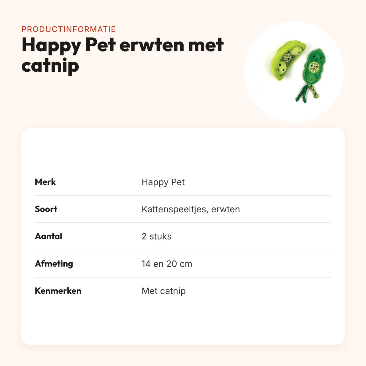 Happy Pet kattenspeeltjes erwten met catnip 14 en 20 cm – set van 2 – productinformatie
