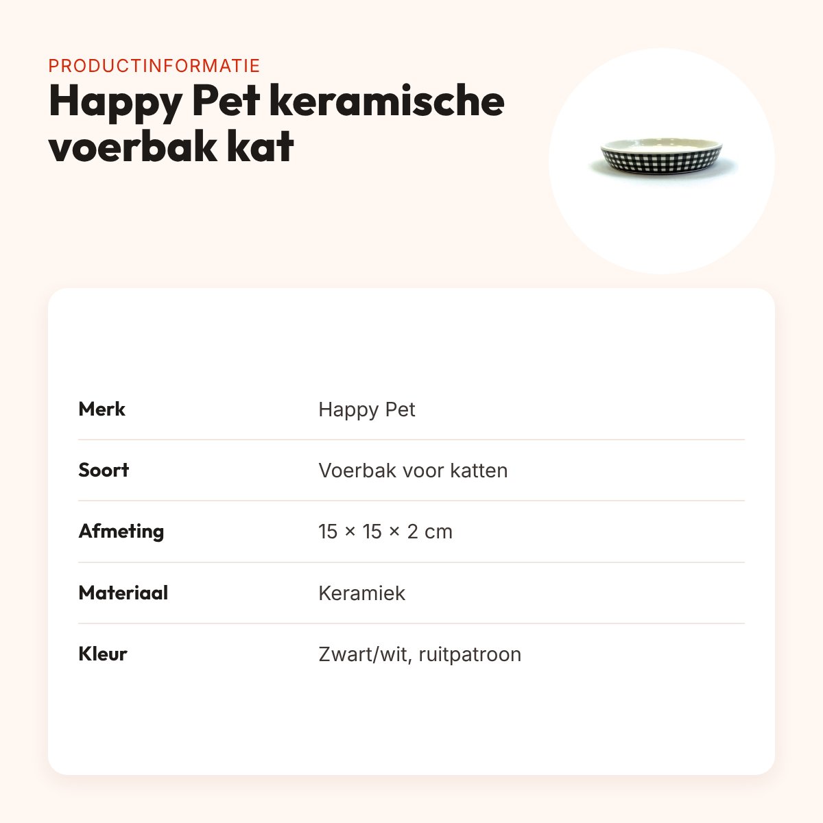 Happy Pet keramische voerbak voor katten ruit zwart/wit 15 x 15 cm – productinformatie