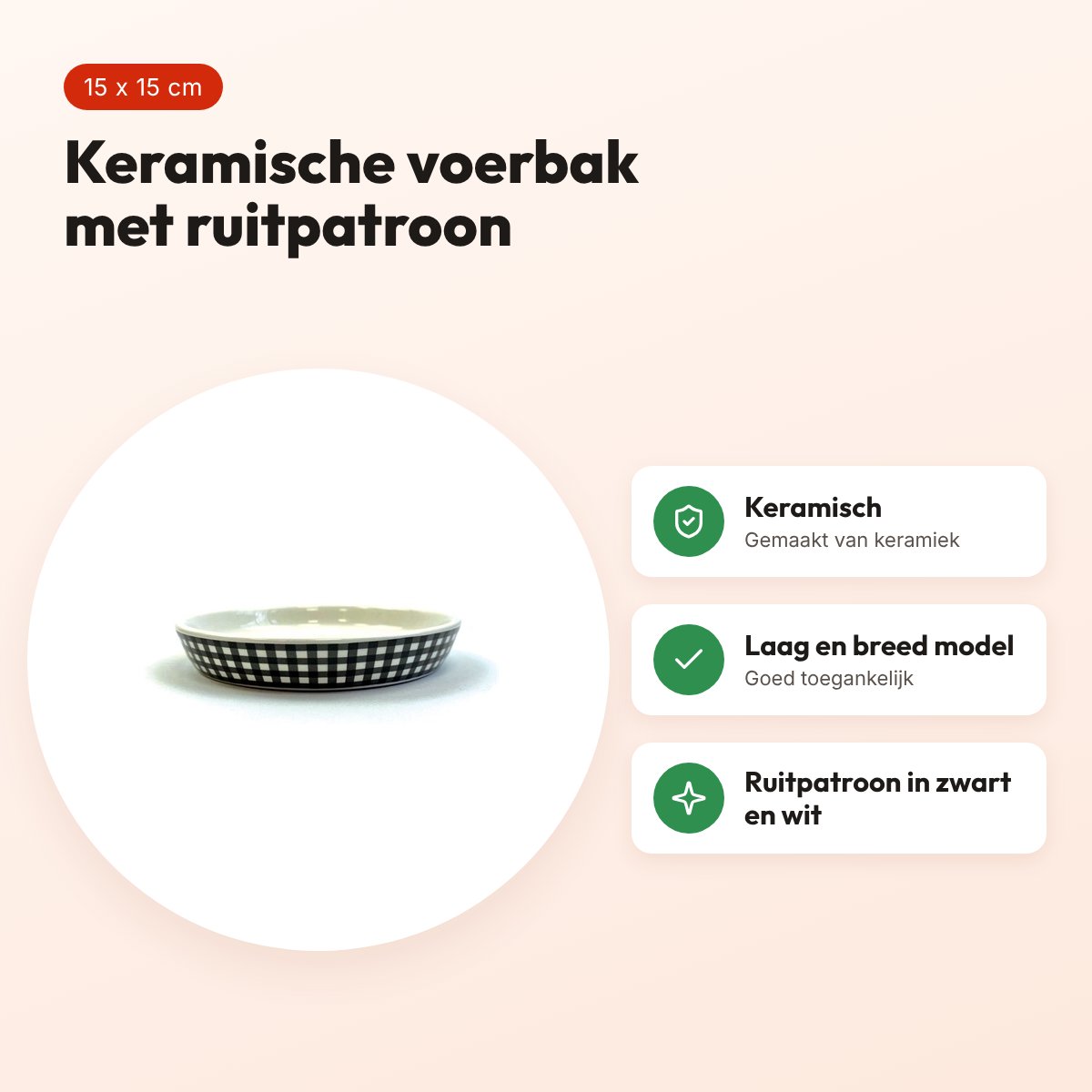 Happy Pet keramische voerbak voor katten ruit zwart/wit 15 x 15 cm – voordelen