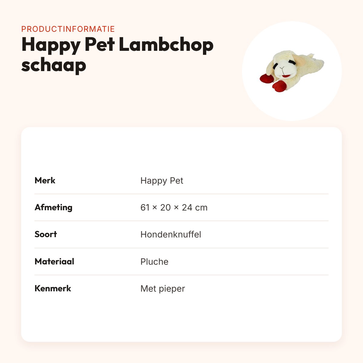 Happy Pet Lambchop hondenknuffel schaap 61 x 20 x 24 cm – pluche met pieper – productinformatie