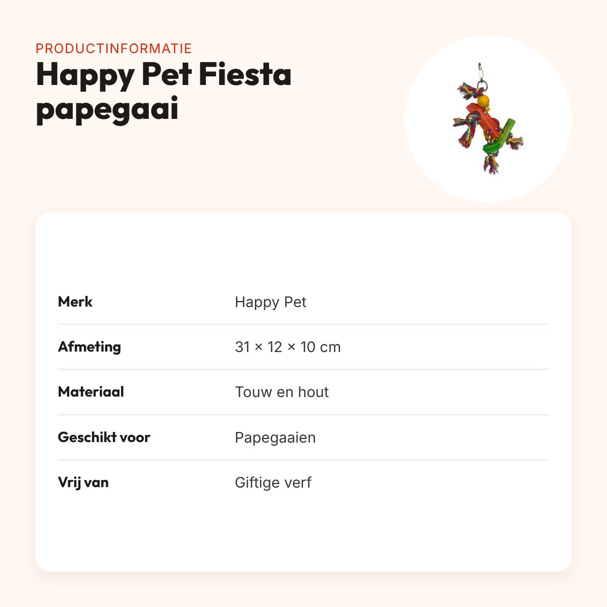 Happy Pet papegaaienspeelgoed Fiesta 31 x 12 x 10 cm – touw en hout – productinformatie