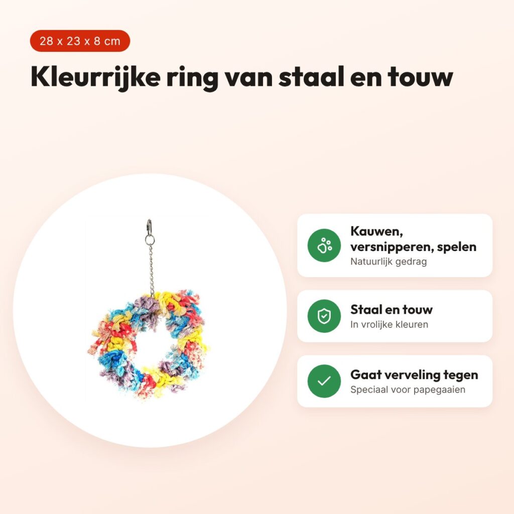 Happy Pet papegaaienspeelgoed Flossin Ring 28 x 23 x 8 cm – staal en touw – voordelen