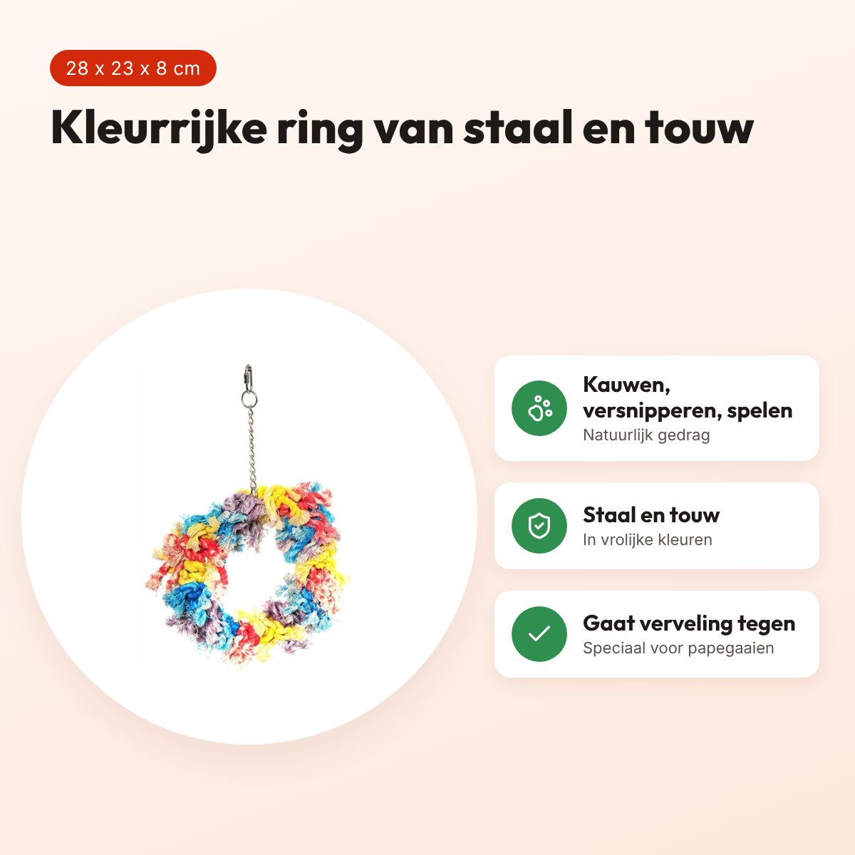 Happy Pet papegaaienspeelgoed Flossin Ring 28 x 23 x 8 cm – staal en touw – voordelen