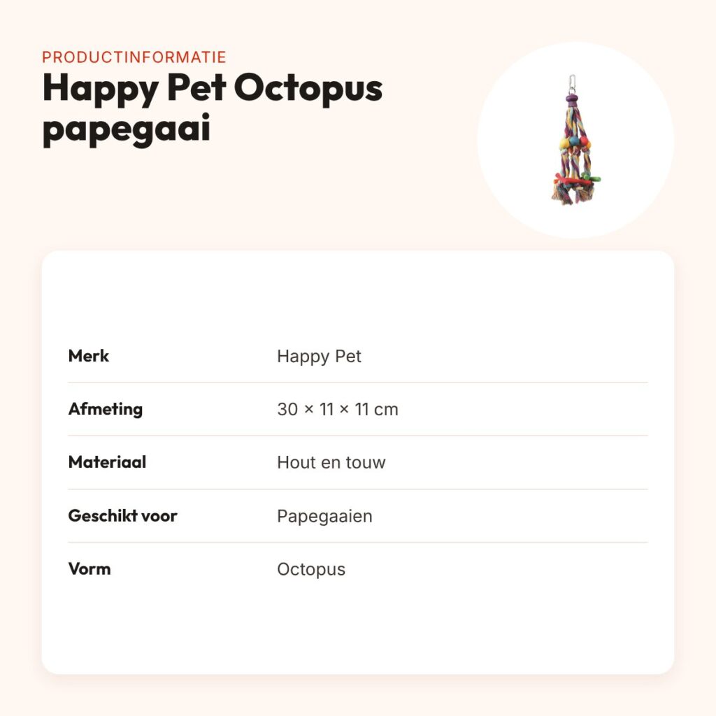 Happy Pet papegaaienspeelgoed Octopus 30 x 11 x 11 cm – hout en touw – productinformatie