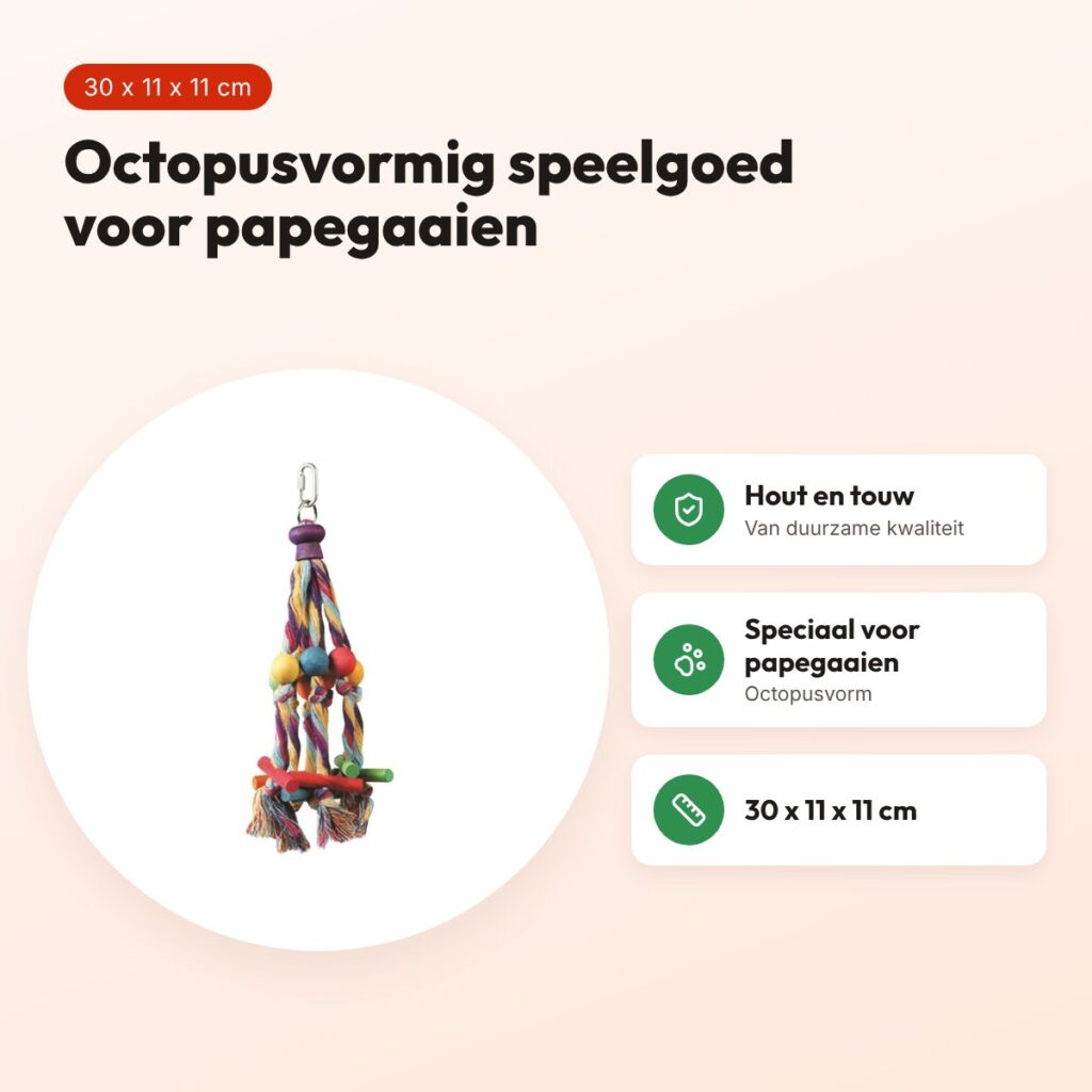 Happy Pet papegaaienspeelgoed Octopus 30 x 11 x 11 cm – hout en touw – voordelen