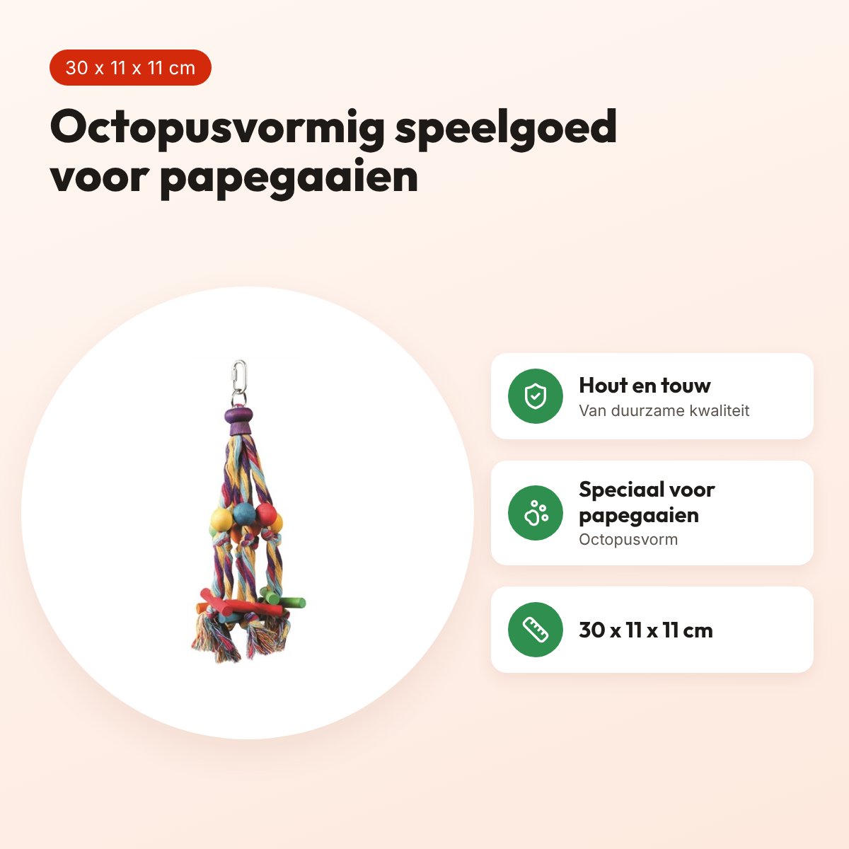 Happy Pet papegaaienspeelgoed Octopus 30 x 11 x 11 cm – hout en touw – voordelen
