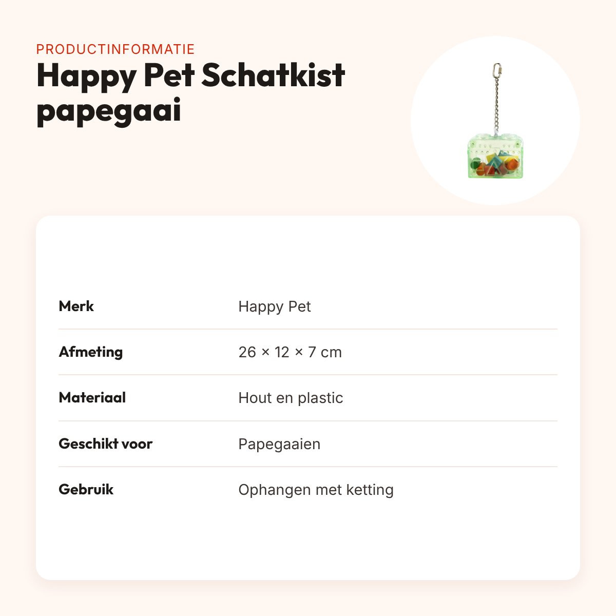 Happy Pet papegaaienspeelgoed Schatkist 26 x 12 x 7 cm – hout en plastic – productinformatie